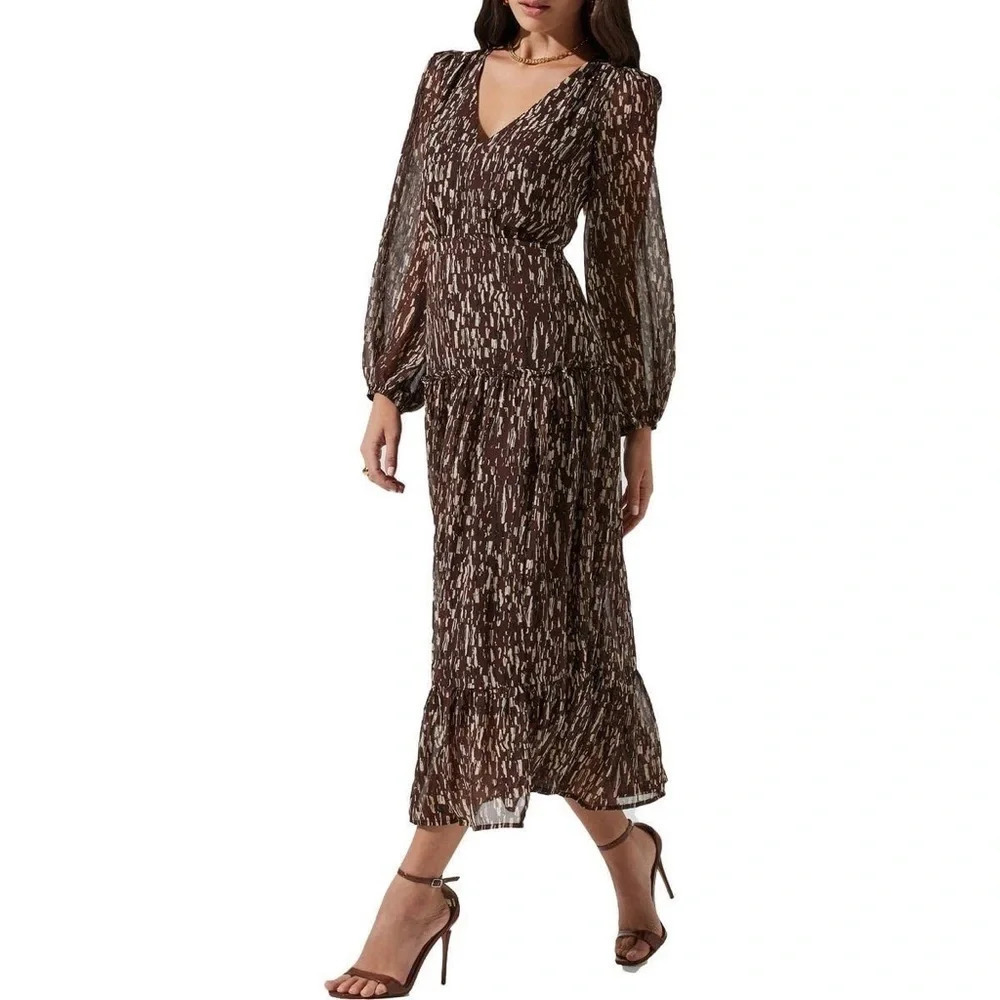 NWT ASTR the Label Chiffon Balloon Sleeve Tiered Maxi Dress in Brown Multi S